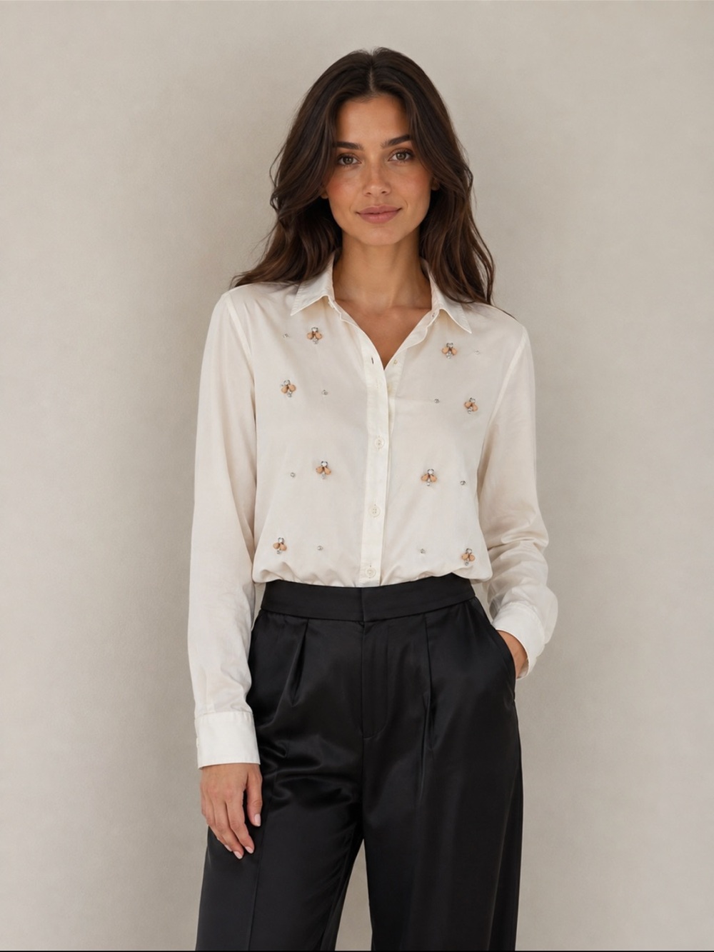 Ann Taylor Cream Embellished Button-Up Blouse